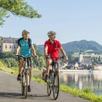 Two cyclists riding on paved path along Danube River with historic town, church tower, and forested hills reflected in calm water.