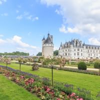 French Renaissance castle in Loire Valley with cylindrical tower and main building, surrounded by manicured gardens with colorful flower beds.