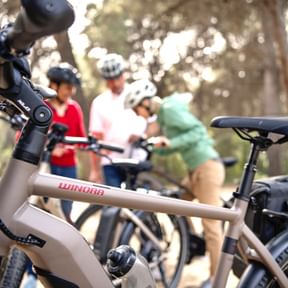Nahaufnahme eines Winora E-Bike-Rahmens im Vordergrund mit unscharfer Radfahrergruppe mit Helmen in Waldumgebung.