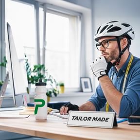 Mann mit Fahrradhelm und Brille am Schreibtisch mit Computer, Wasserflasche und 'Tailor Made'-Schild, plant maßgeschneiderte Radreisen.