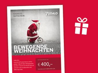 Pedalo Weihnachts-Gutschein zeigt den Weihnachtsmann auf einem Fahrrad. Text 'BEWEGENDE WEIHNACHTEN' mit €400 Wert auf rotem Hintergrund.