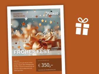 Pedalo Reisegutschein über €350 mit 'Frohes Fest' Text, goldener Schleife und dekorativen Sternen auf orangem Hintergrund.
