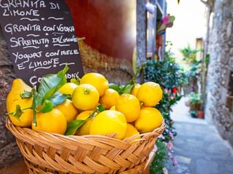 Weidenkorb voller frischer gelber Zitronen mit grünen Blättern, neben italienischer Menütafel auf schmaler Kopfsteinpflasterstraße.