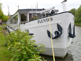 Weißes Flusskreuzfahrtschiff namens Fluvius am grasbewachsenen Flussufer mit gelbem Seil vertäut. Das Schiff hat große Fenster und schwarze Anker am Bug.