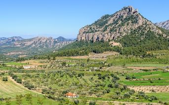 Grünes Agrartal mit verstreuten Bäumen und Bauernhäusern unterhalb eines markanten felsigen Berggipfels in Aragon, Katalonien unter klarem Himmel.