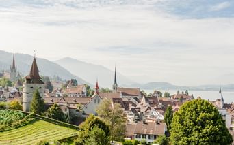 Schweizer Stadt am Vierwaldstättersee mit historischen Kirchtürmen und traditionellen Gebäuden, umgeben von grünen Hügeln und Bergen.