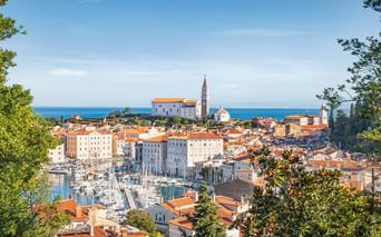 Panoramablick auf eine slowenische Küstenstadt mit orangefarbenen Ziegeldächern, einem Yachthafen voller Boote und einer Kirche mit Glockenturm.