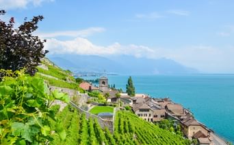 Terrassierte Weinberge am Hang mit Blick auf den Genfersee, Dorfhäuser unten und Bergen in der Ferne unter blauem Himmel.