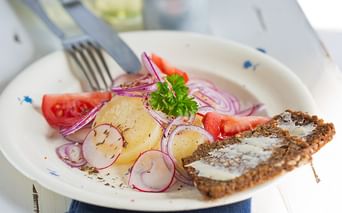White plate with potato salad, sliced radishes, red onion, tomato, parsley, and dark bread with spread on a blue napkin.