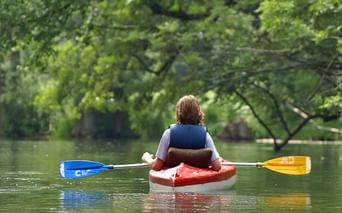 Person in blue vest kayaking on calm green lake in Masuren. Red and white kayak with blue and yellow paddle. Dense green trees line the shore.