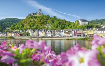 Stadt Cochem mit bunten Häusern entlang der Mosel, Reichsburg auf bewaldetem Hügel darüber, rosa Blumen im Vordergrund unter blauem Himmel.