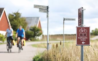 Zwei Radfahrer auf einem asphaltierten Weg passieren ein braunes Kattegattleden-Routenschild mit Fahrradsymbol. Häuser mit roten Dächern im Hintergrund.
