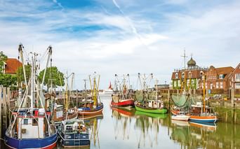 Bunte Fischerboote liegen in einem ruhigen Hafen an der Nordseeküste, mit traditionellen Backsteingebäuden und einer Kirchenkuppel im Hintergrund.