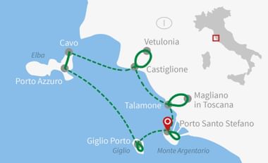 Karte mit Radroute durch die Toskana mit grünen gepunkteten Linien, die Küstenstädte wie Porto Azzuro, Cavo, Castiglione und Giglio Porto verbinden.