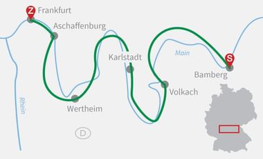 Radroute Karte Frankfurt nach Bamberg Karte zeigt Radroute von Frankfurt nach Bamberg über Aschaffenburg, Wertheim, Karlstadt und Volkach entlang des Mains.