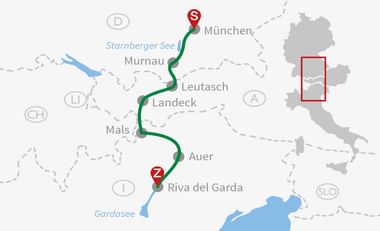Karte mit Radroute von München (S) nach Riva del Garda (Z) über Starnberger See, Murnau, Leutasch, Landeck, Mals und Auer.