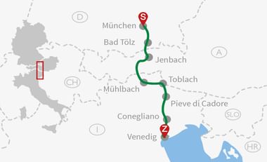 Karte mit Radroute von München (S) nach Venedig (Z) durch Österreich und Italien über Bad Tölz, Jenbach, Toblach und Conegliano.
