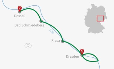 Elberadweg Karte von Dessau nach Dresden Karte mit Radroute entlang der Elbe von Dessau nach Dresden über Bad Schmiedeberg und Riesa. Grüne Linie zeigt den Radweg.