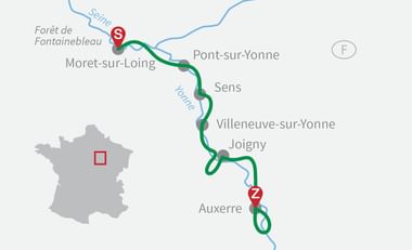 Karte mit Radroute entlang der Yonne von Moret-sur-Loing (S-Markierung) nach Auxerre (Z-Markierung) über Sens und Joigny.