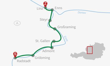 Karte mit Radroute durch Österreich von Radstadt nach Linz über Gröbming, Admont, St. Gallen, Großraming, Steyr und Enns.