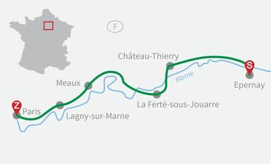 Karte mit Radroute entlang der Marne von Paris nach Epernay über Meaux, Lagny-sur-Marne, Château-Thierry und La Ferté-sous-Jouarre.