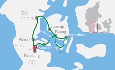 Karte mit Radrouten um Sønderborg, Dänemark mit grünen Linien durch die Gebiete Kolding, Åbenrå und Flensburg.