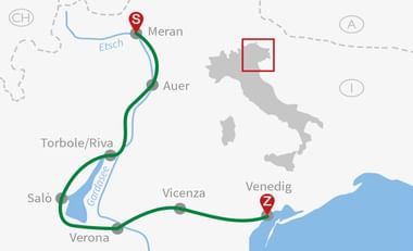 Map showing cycling route from Meran (S) to Venice (Z) via Etsch river, Auer, Torbole/Riva, Salò, and Verona. Green line indicates the route path.