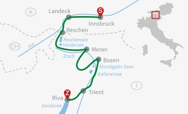 Radroute Karte von Innsbruck nach Riva Karte mit Radroute von Innsbruck (S) nach Riva (Z) durch österreichische und italienische Regionen, vorbei an Seen wie Reschensee und Gardasee.