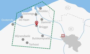 Overview map showing Belgian cycling region with green dashed border. Cities marked include Brügge, Damme, Knokke, Lissewege, De Haan, and others.