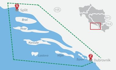 Karte der kroatischen Küste mit Radroute von Split (S-Markierung) nach Dubrovnik (Z-Markierung) und den Inseln Brač, Hvar, Korčula, Lastovo und Mljet.