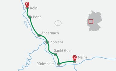 Karte des Rhein-Radwegs von Köln (S) nach Mainz (Z) über Bonn, Andernach, Koblenz, Sankt Goar und Rüdesheim mit kleiner Deutschland-Übersicht.