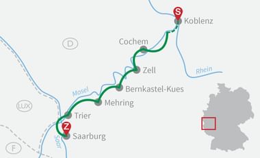 Karte mit Radroute entlang der Mosel von Trier nach Koblenz über Saarburg, Mehring, Bernkastel-Kues, Zell und Cochem.