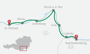 Radroute von St. Michael nach Leibnitz Karte mit Radroute durch Österreich von St. Michael (S) über Murau, Judenburg, Bruck a.d. Mur und Graz nach Leibnitz (Z).
