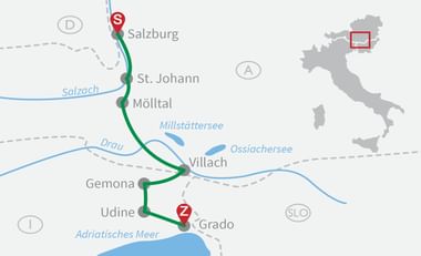 Radroute von Salzburg nach Grado Karte mit Radroute von Salzburg (S) nach Grado (Z) durch Österreich und Italien über St. Johann, Mölltal, Villach, Gemona und Udine.