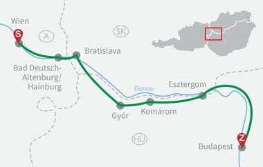 Karte mit Radroute von Wien nach Budapest entlang der Donau über Bad Deutsch-Altenburg, Győr, Komárom und Esztergom.