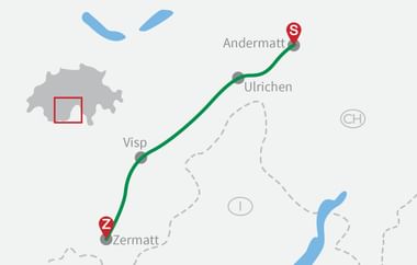 Karte mit Radroute durch die Schweizer Alpen von Andermatt nach Zermatt über Ulrichen und Visp, markiert mit grüner Linie.