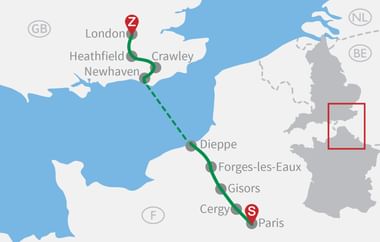 Map of Loire Valley cycling route from London to Paris through Tours, Villandry, Azay-le-Rideau, Chinon, and Ligré/Anché with red marker.