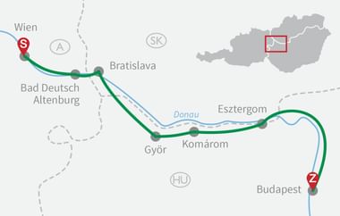 Karte mit Radroute entlang der Donau von Wien nach Budapest über Bratislava, Győr, Komárom und Esztergom. Grüne Linie markiert Radweg.