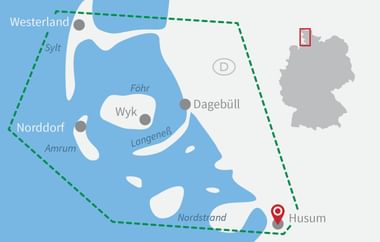 Übersichtskarte der nordfriesischen Inseln Sylt, Föhr, Amrum mit den Orten Wyk, Norddorf, Dagebüll und Husum. Grüne gestrichelte Linie zeigt Region.