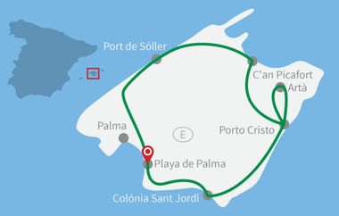 Karte von Mallorca mit einer grün markierten Radroute durch Port de Sóller, C'an Picafort, Porto Cristo und Colònia Sant Jordi.
