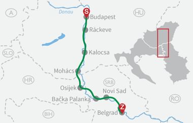 Karte mit Radroute von Budapest nach Belgrad über Ráckeve, Kalocsa, Mohács, Osijek, Novi Sad und Bačka Palanka durch Ungarn und Serbien.