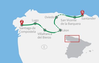 Übersichtskarte mit Radroute durch Nordspanien von Santander nach Santiago de Compostela über León, Villafranca, Lugo und Oviedo.