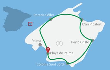 Karte von Mallorca mit grüner Radroute durch Port de Sóller, C'an Picafort, Porto Cristo, Colònia Sant Jordi und Playa de Palma.
