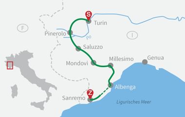 Radroute von Turin nach Sanremo Karte mit Radroute von Turin (S) nach Sanremo (Z) über Pinerolo, Saluzzo, Mondovi und Albenga entlang der ligurischen Küste.