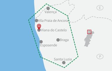 Übersichtskarte mit Radroute im Norden Portugals, grün gestrichelte Grenze verbindet Städte Valença, Vila Praia de Ancora, Viana do Castelo, Braga, Esposende und Santa Luzia.