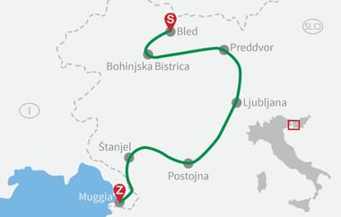 Karte mit Radroute durch Slowenien von Bled nach Muggia über Preddvor, Ljubljana, Postojna und Stanjel. Grüne Linie zeigt die Route.