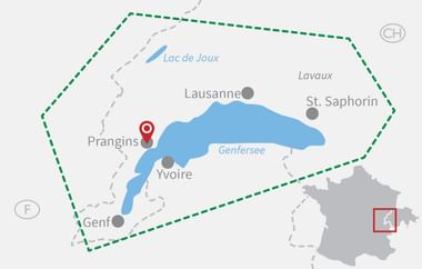 Overview map showing Lake Geneva region with cities Lausanne, Yvoire, Prangins, St. Saphorin, and Genf. Green dashed line marks cycling route boundary.