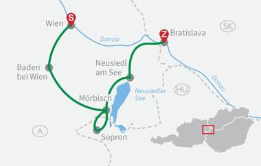 Karte mit Radroute entlang der Donau von Wien (S) nach Bratislava (Z) über Baden bei Wien, Neusiedl am See und Mörbisch.