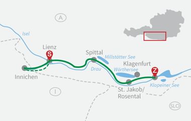 Karte der Radroute durch Österreich von Lienz nach Klagenfurt über Spittal entlang der Flüsse Isel und Drau vorbei am Wörthersee.