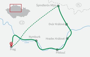 Karte mit Radroute von Prag nach Spindleruv Mlyn durch Tschechien, über Nymburk, Hradec Kralove, Dvur Kralove und Prelouc.